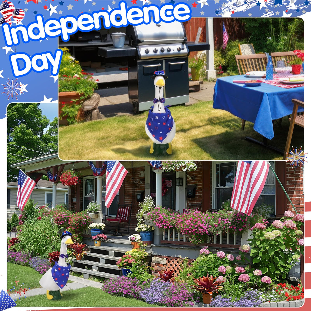 Hoemwarm 4th of July goose outfit with hat and bow tie for patriotic display.