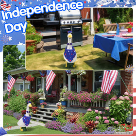 Hoemwarm 4th of July goose outfit with hat and bow tie for patriotic display.