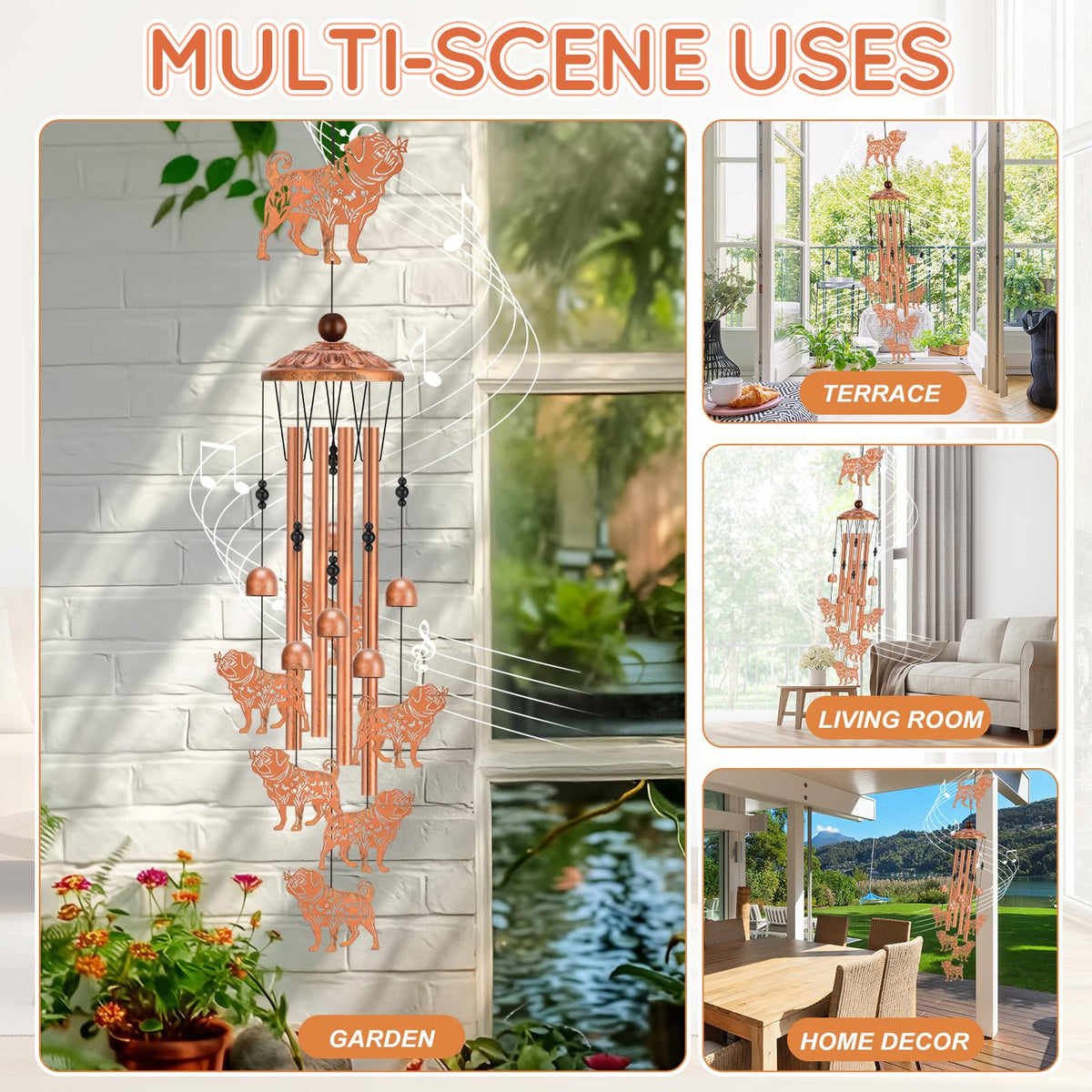 Hoemwarm pug wind chimes in a garden setting add soothing ambient sound.