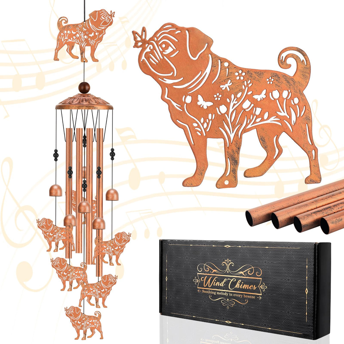 Hoemwarm pug wind chime top pug figure enhances outdoor charm and whimsy.