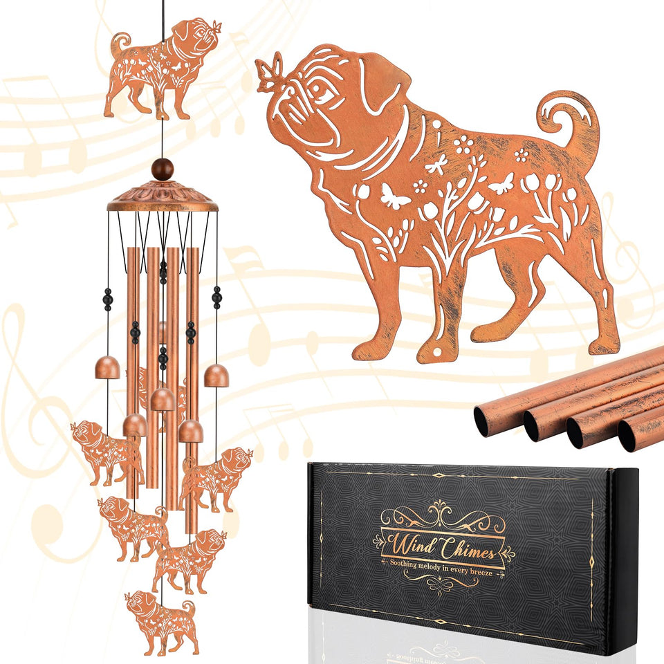 Hoemwarm pug wind chime top pug figure enhances outdoor charm and whimsy.