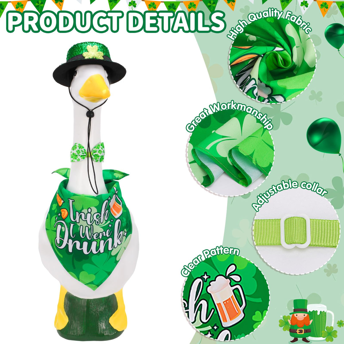 Hoemwarm St. Patrick goose outfit with hat and bow tie for garden charm.
