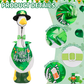 Hoemwarm St. Patrick goose outfit with hat and bow tie for garden charm.