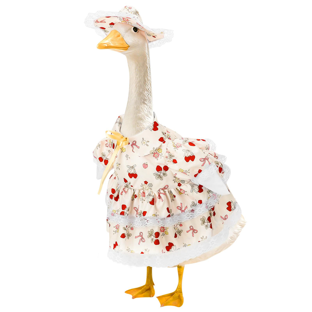 Hoemwarm strawberry skirt on a 23-inch goose for charming yard decor
