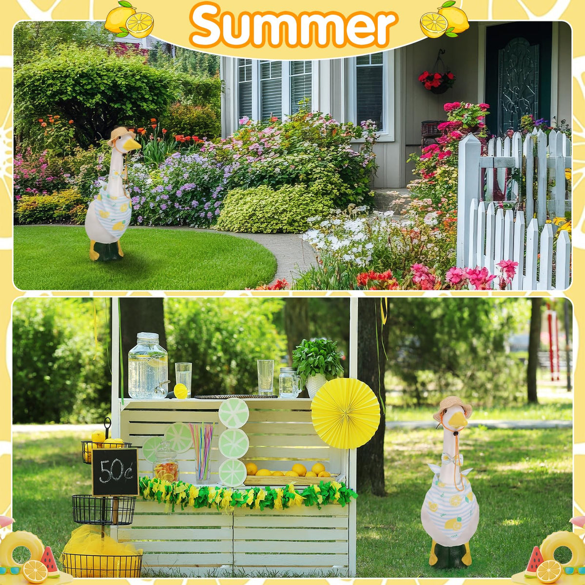 Hoemwarm summer party goose outfit enhances porch decoration and holiday vibe.