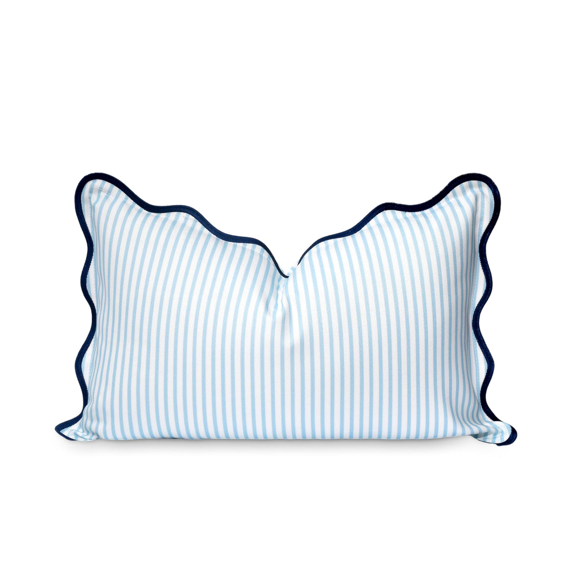 Hofdeco Premium coastal lumbar cover front view with baby blue stripes and navy scalloped edge