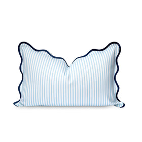 Hofdeco Premium coastal lumbar cover front view with baby blue stripes and navy scalloped edge
