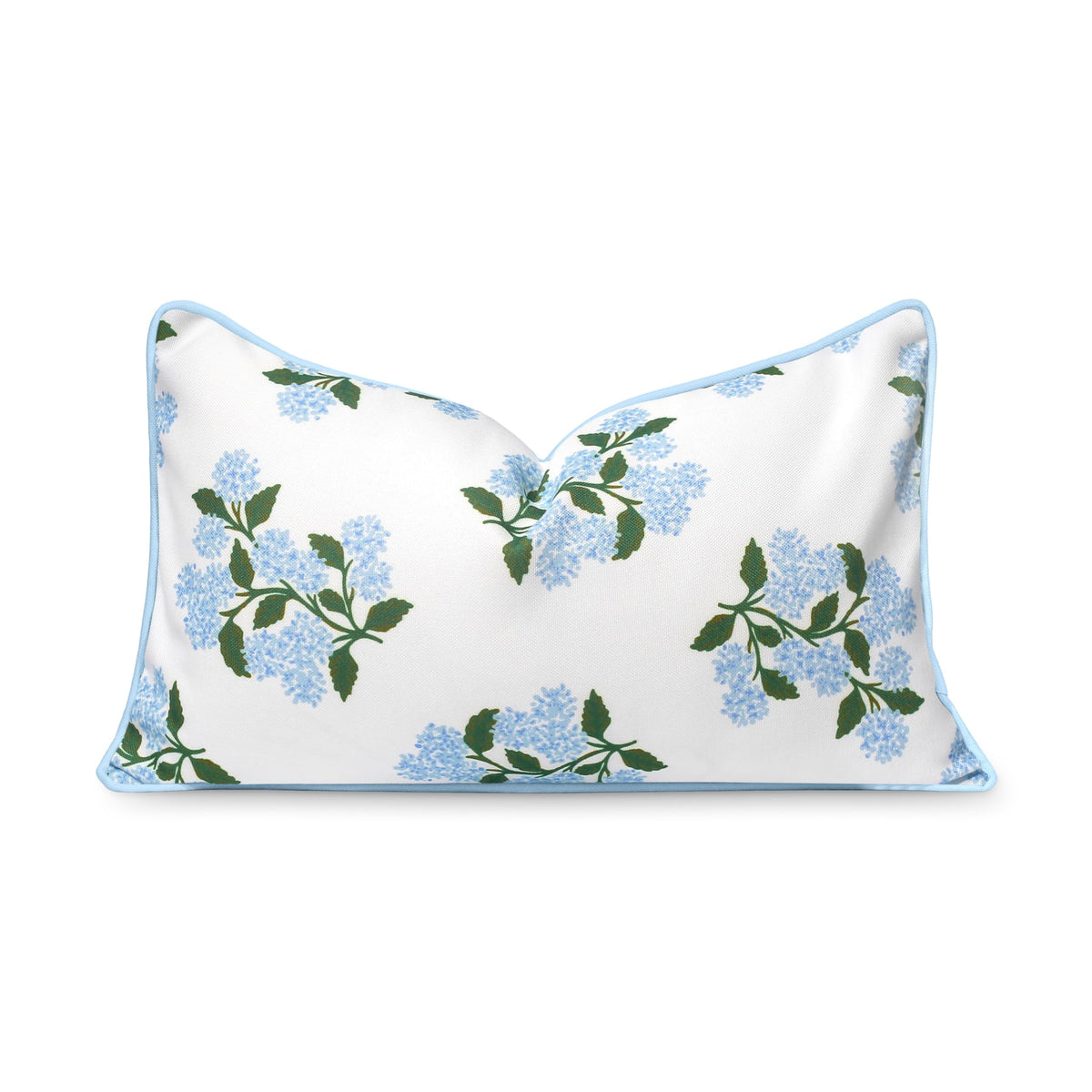Hofdeco Premium coastal lumbar cover front view with hydrangea pattern, ideal for outdoor seating.