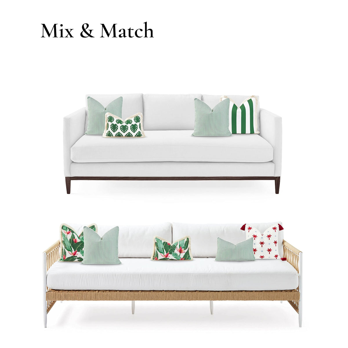 Outdoor patio scene with green striped Hofdeco pillow on a sofa