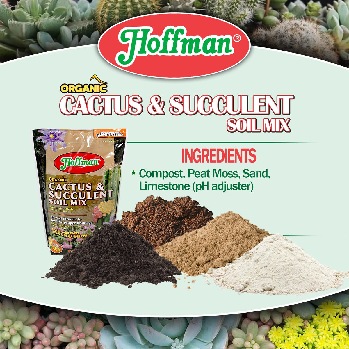 Hoffman organic cactus soil mix closeup on label and texture