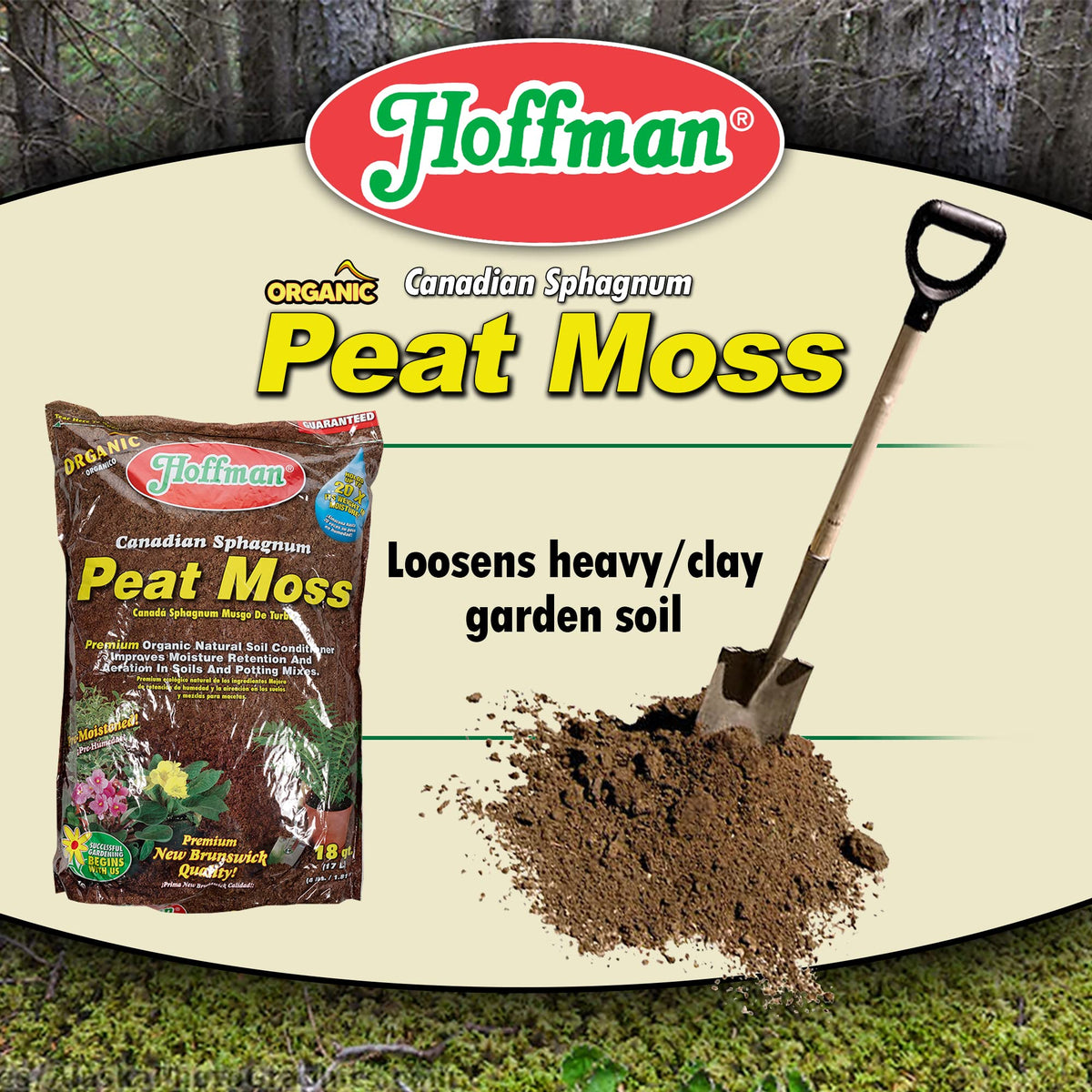 Hoffman peat moss label detail highlights premium Canadian bog origin for quality planting.