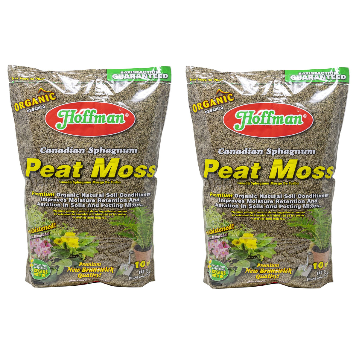 Hoffman Canadian sphagnum peat moss soil conditioner bag shows a 10qt pack for moisture retention