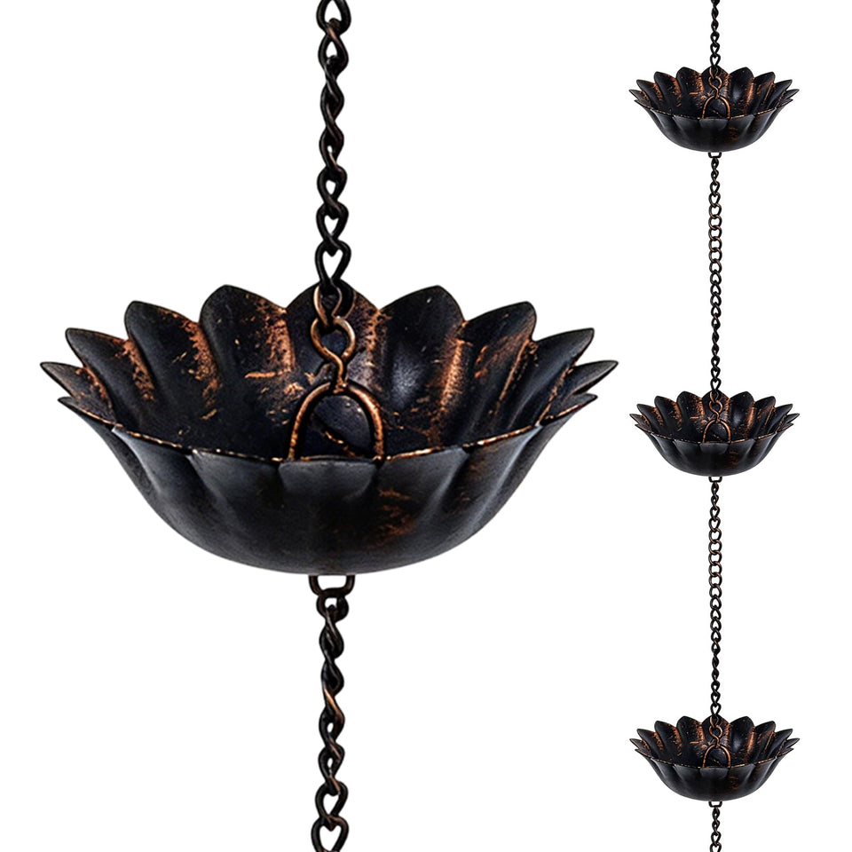 Hogardeck rain chain with 12 cups guides rainwater from gutter to ground.