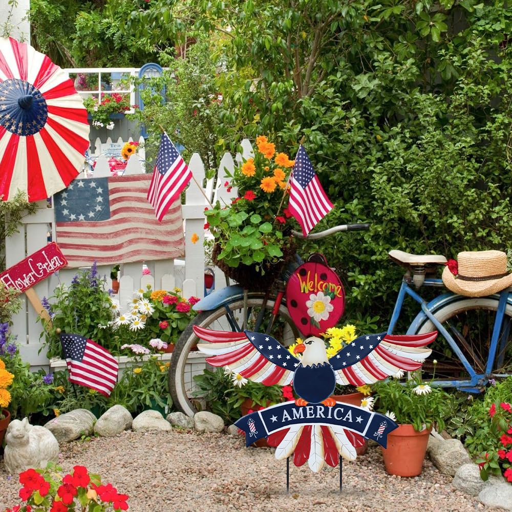 hogardeck eagle stake featuring the AMERICA plaque and stars for memorable yard moments