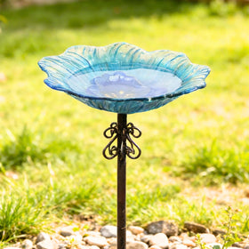 hogardeck floral glass bird feeder providing an easy outdoor seed option for birds
