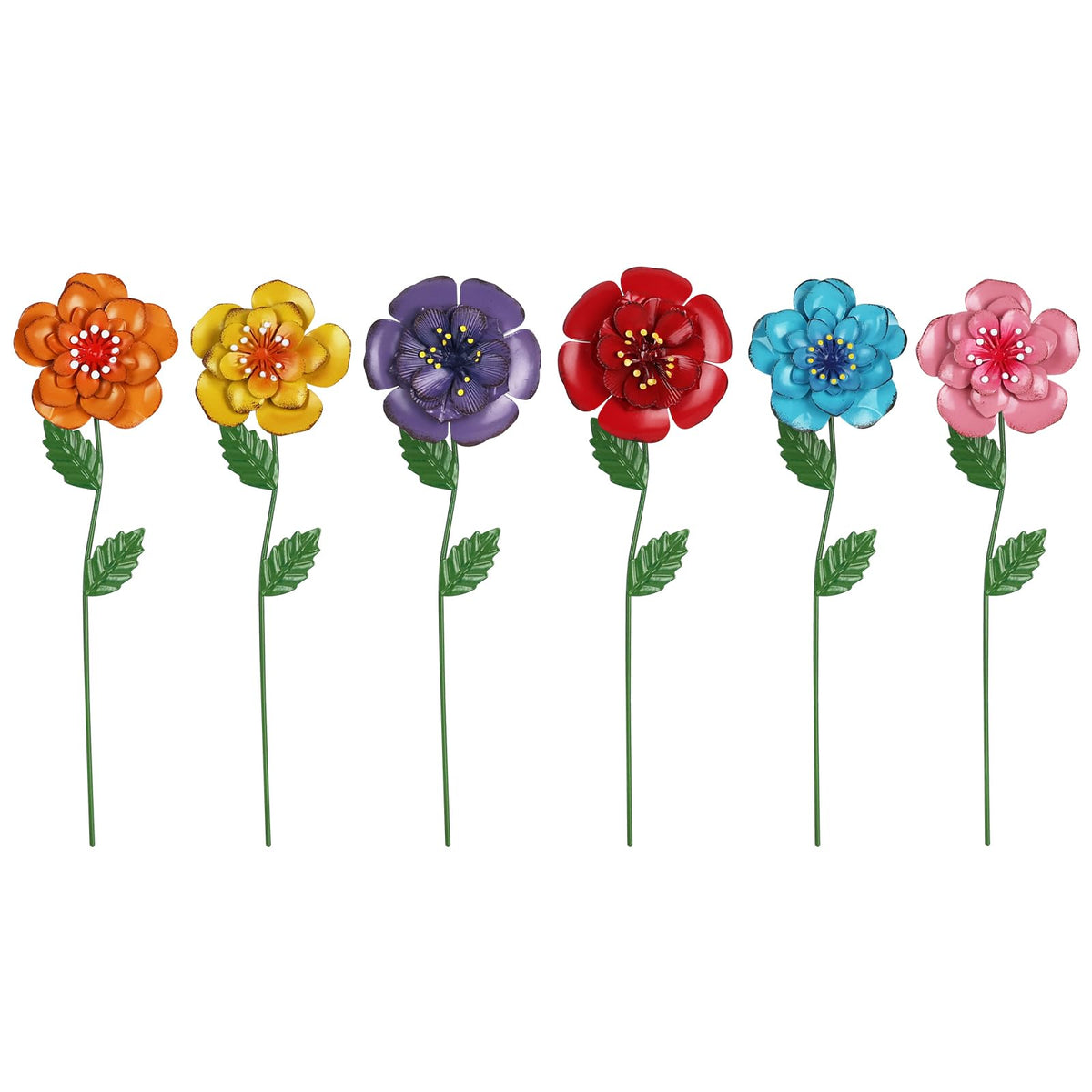 Hogardeck garden stakes: six colorful metal flowers for planters and lawns.