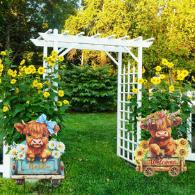 hogardeck Highland cow cart stake with sunflowers adds warm welcome to your garden.