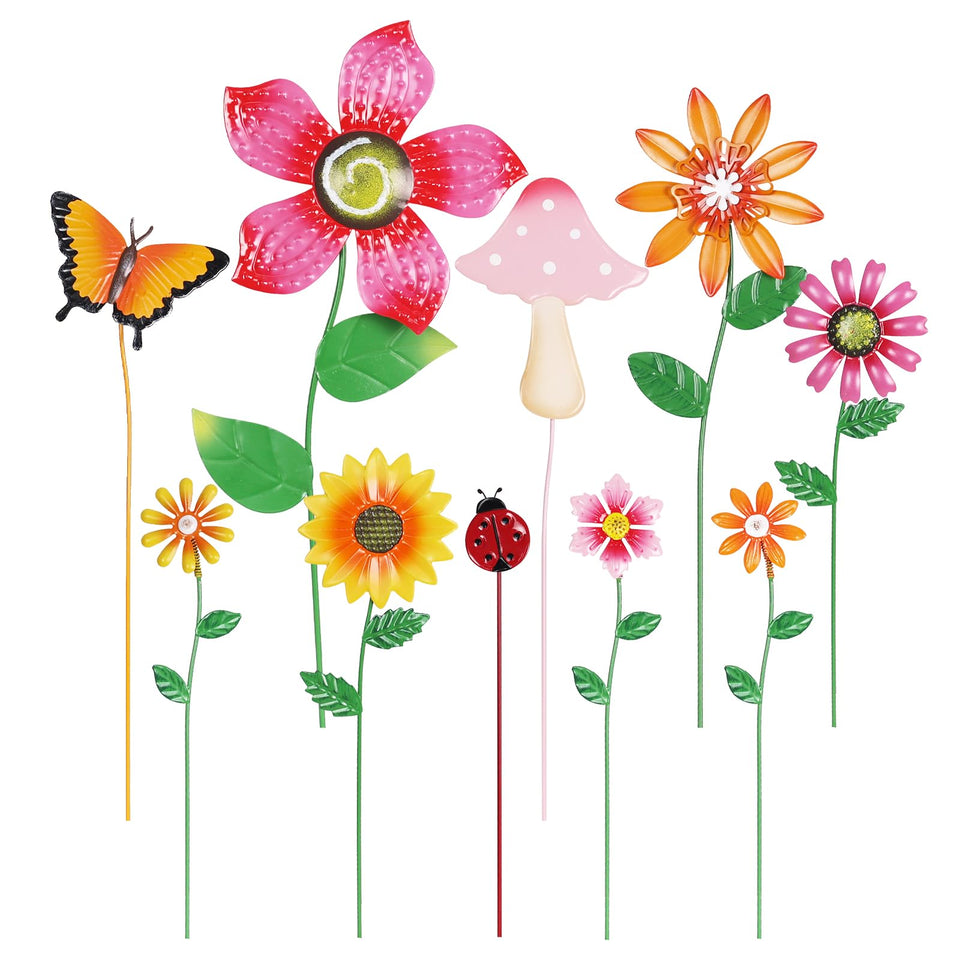 hogardeck metal flower stakes set of 10 adds vibrant color to garden borders.
