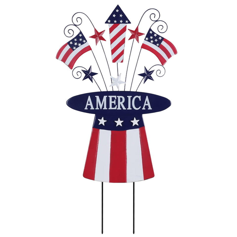 hogardeck patriotic hat stake featuring America flag stars for garden decor.