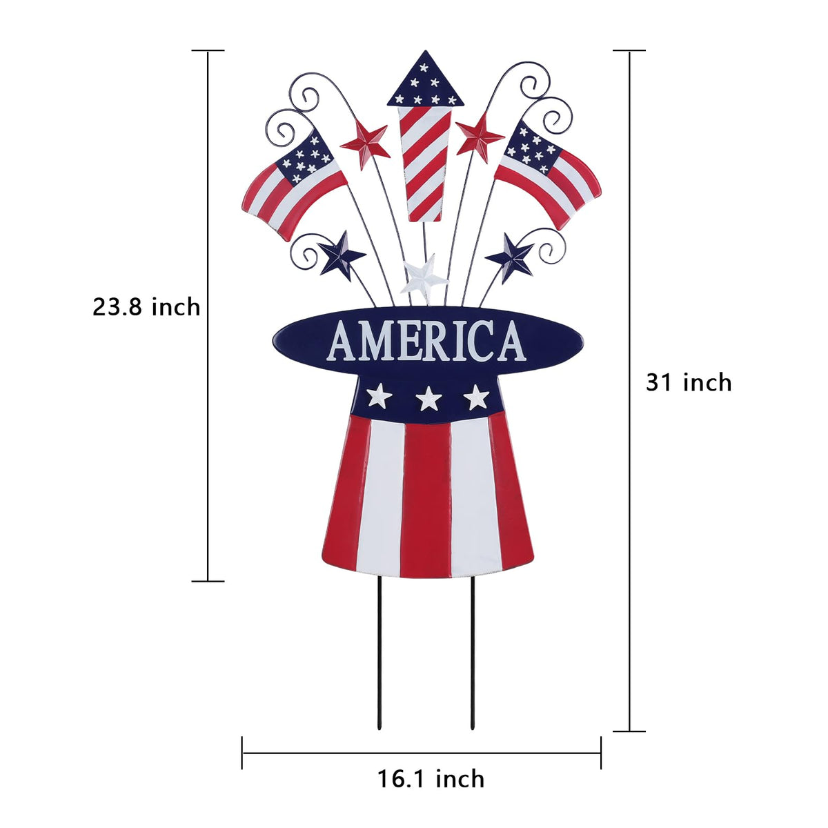 hogardeck patriotic hat stake with rockets and mini flags for yard flair.