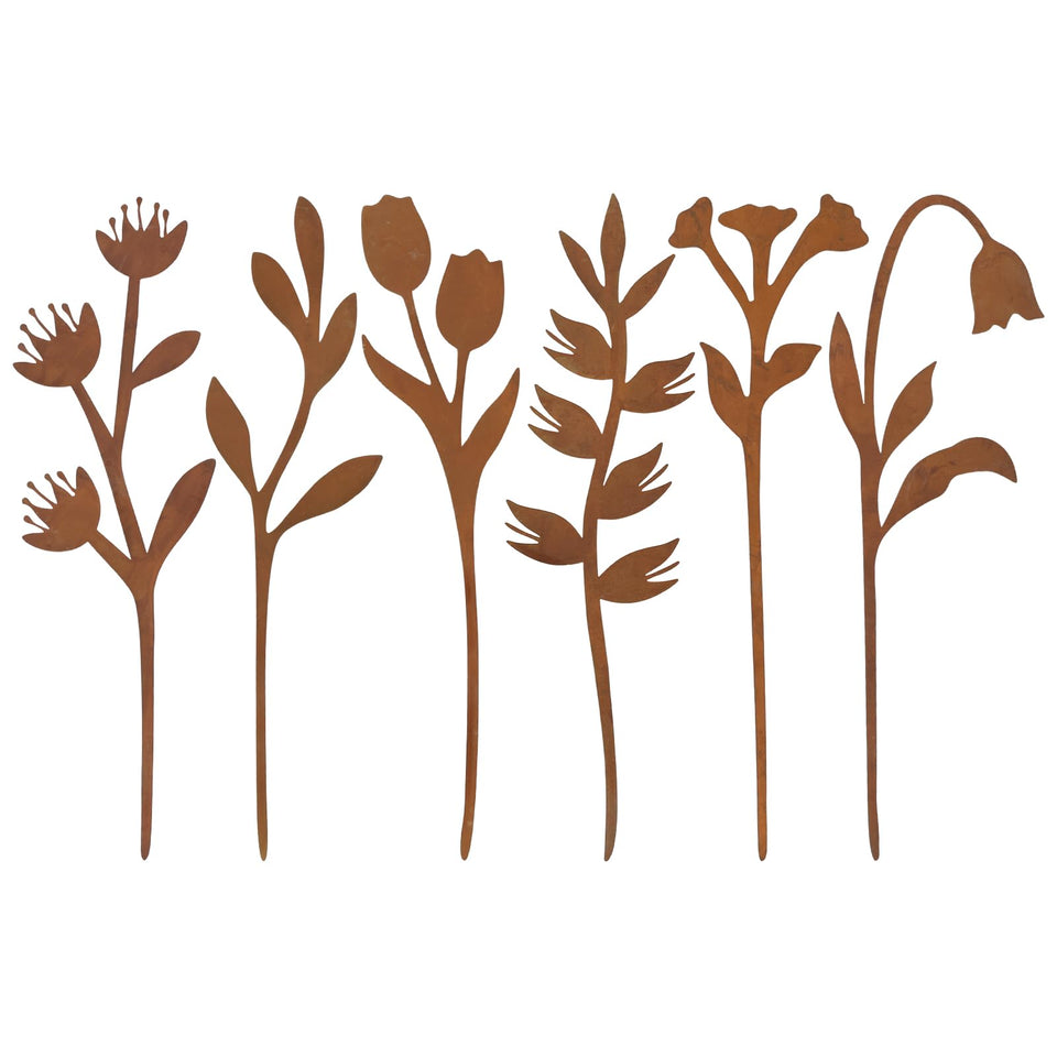 Hogardeck rusted flower stake with fern leaves adds vintage charm to garden beds.