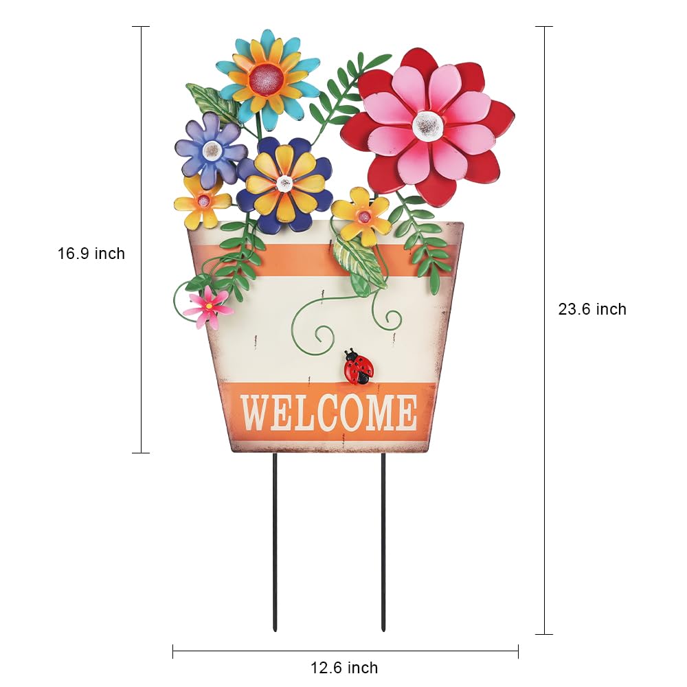 hogardeck spring iron garden stake features colorful flowers and playful ladybugs.