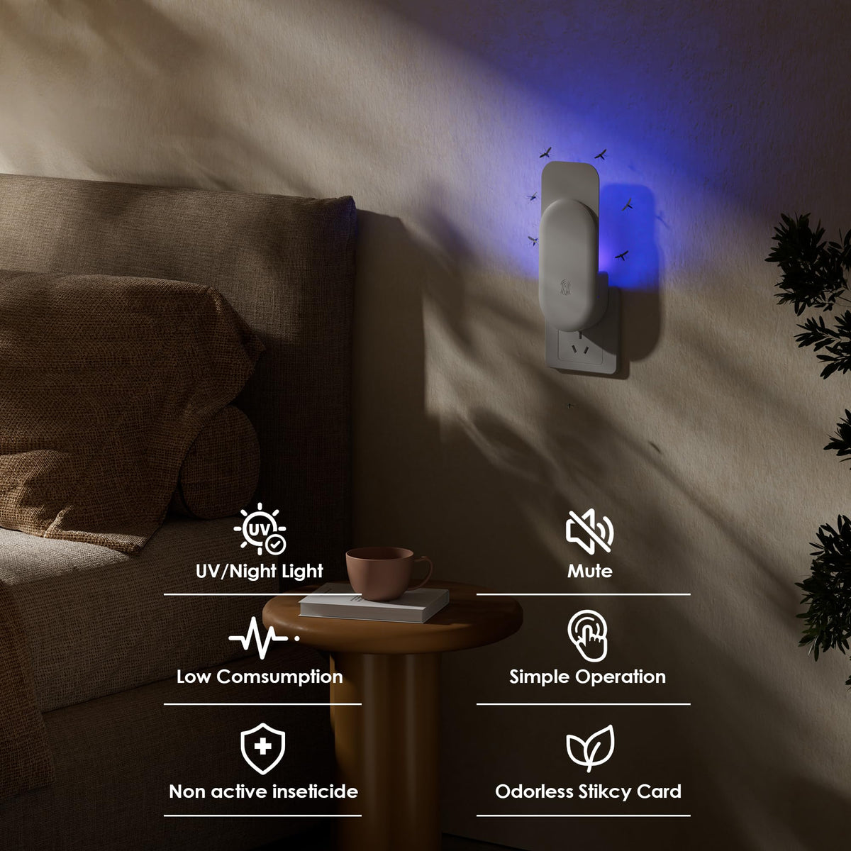 Hogius night light and UV trap shows soft illumination for rooms.