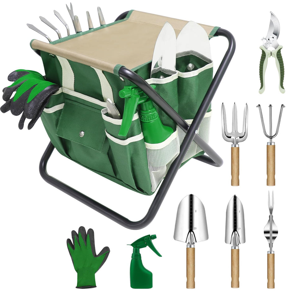 HoHaing garden tool set with folding stool for portable outdoor tasks.