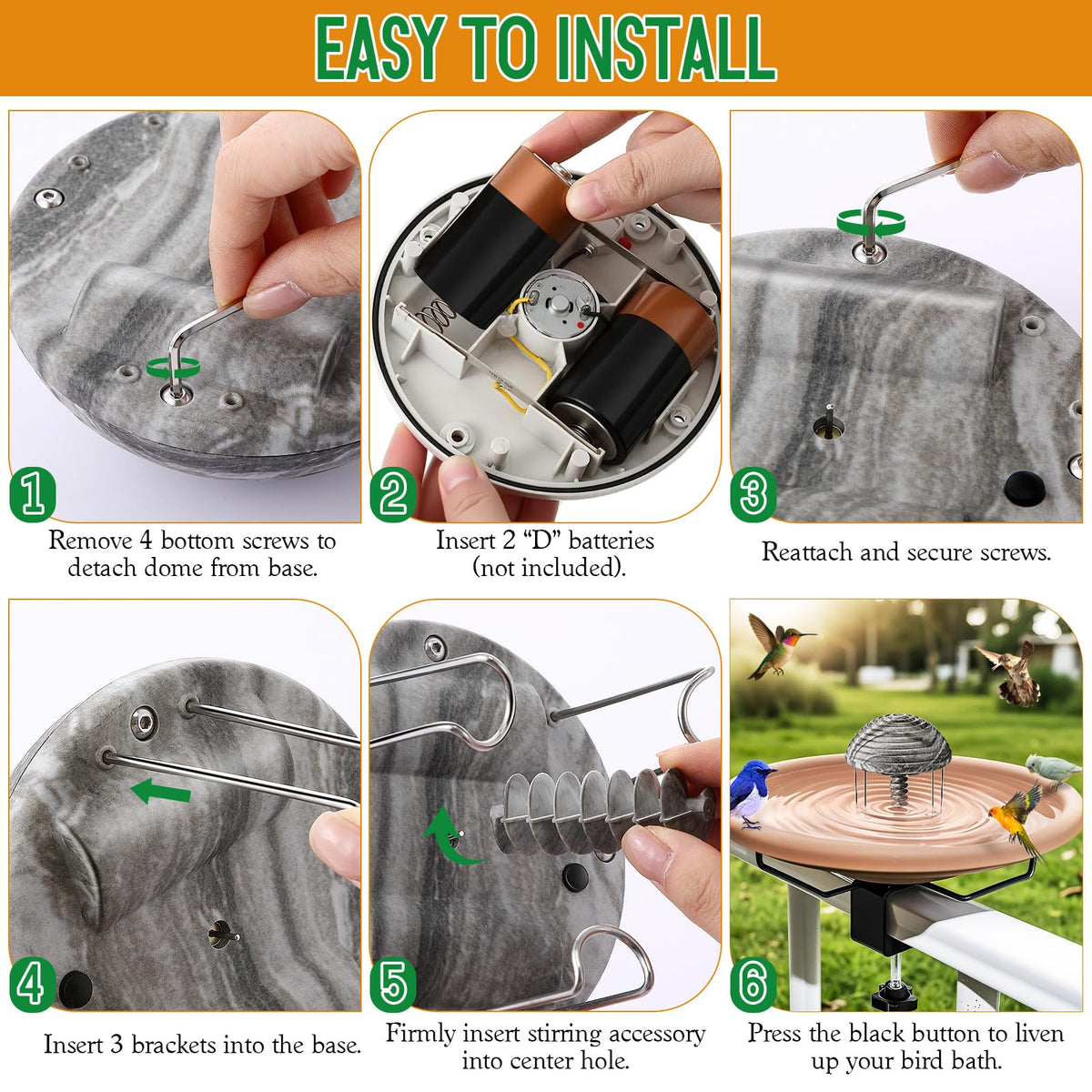 Hohean easy installation fits most bird baths with simple setup.