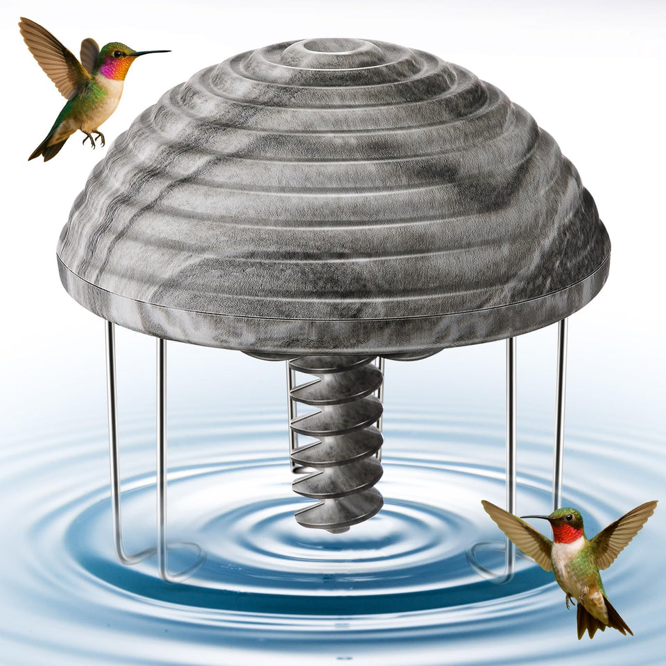 Hohean water agitator creates ripples to attract birds in a bird bath.