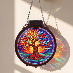 Hoikwo solar suncatcher tree of life glows at dusk for window decor.