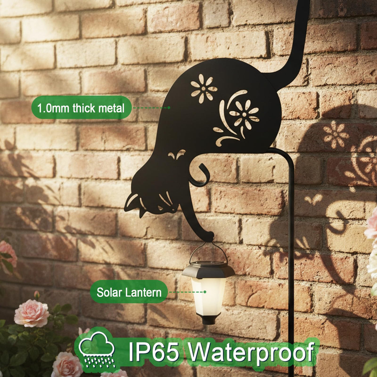 Hokfirm black cat garden statue with solar lamp lights pathways at night