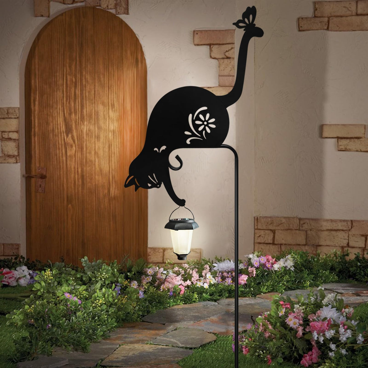 Hokfirm cat solar light lantern glows softly in garden for eco-friendly illumination
