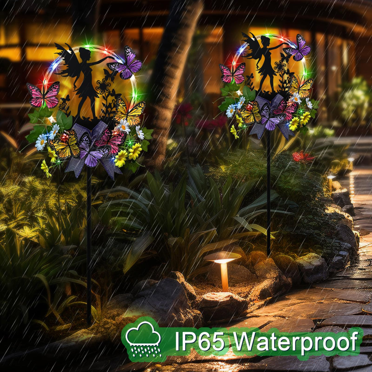 Hokfirm silhouette fairy with daisies adds whimsy to outdoor decor.