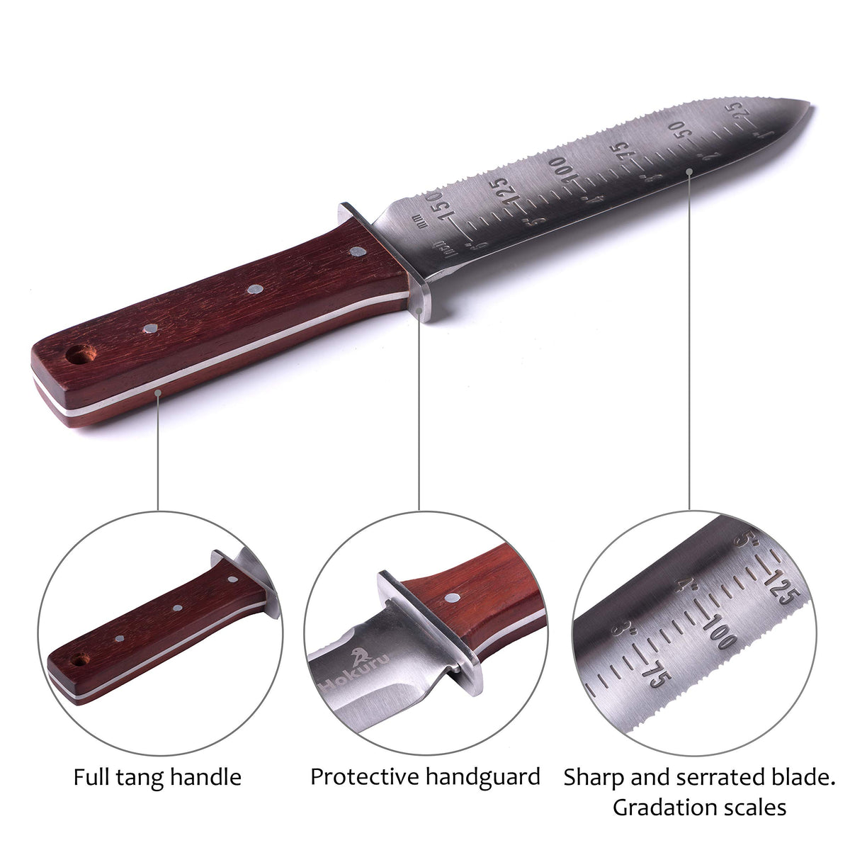 HOKURU garden knife has a full tang and three rivets for stability.