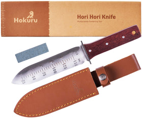 HOKURU Hori Hori knife with leather sheath for safe storage and quick access.