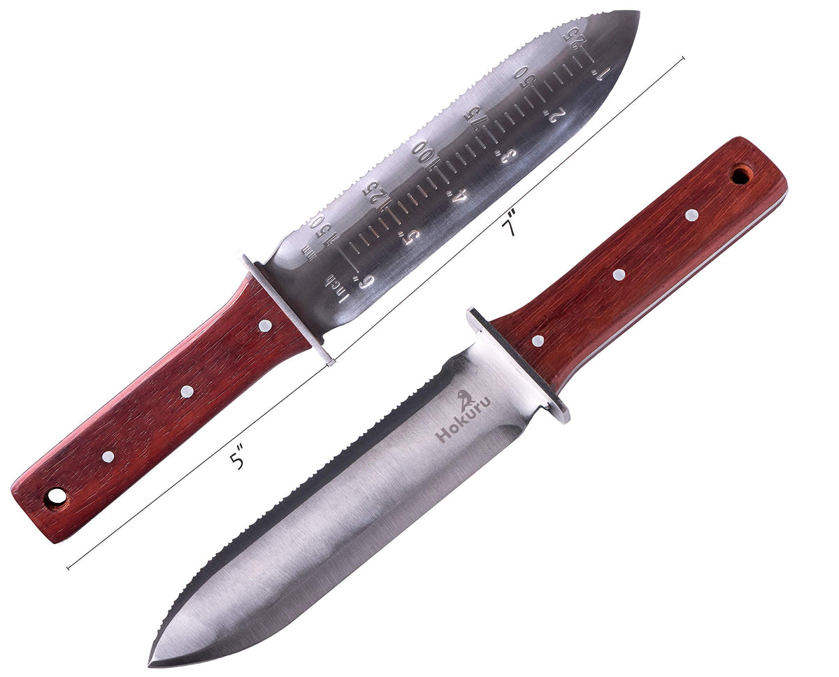 HOKURU Hori Hori knife features a rust-proof blade for durable garden tasks.