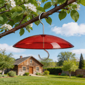 HOLAHOMA red dome shields the feeder while attracting birds with bright color.