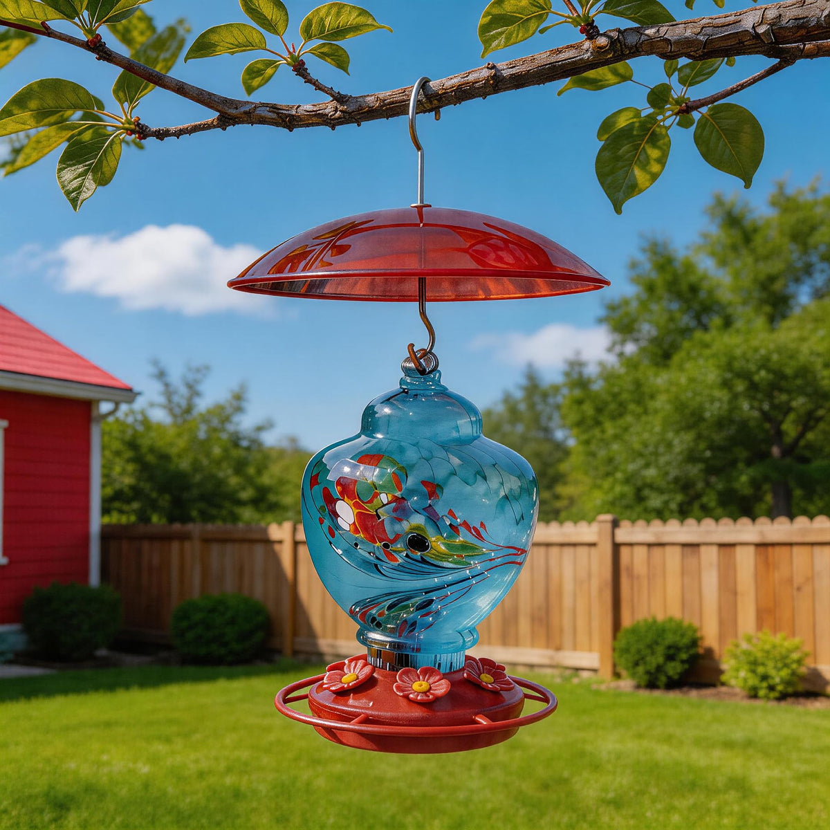 HOLAHOMA red dome provides sun shade for feeder stations