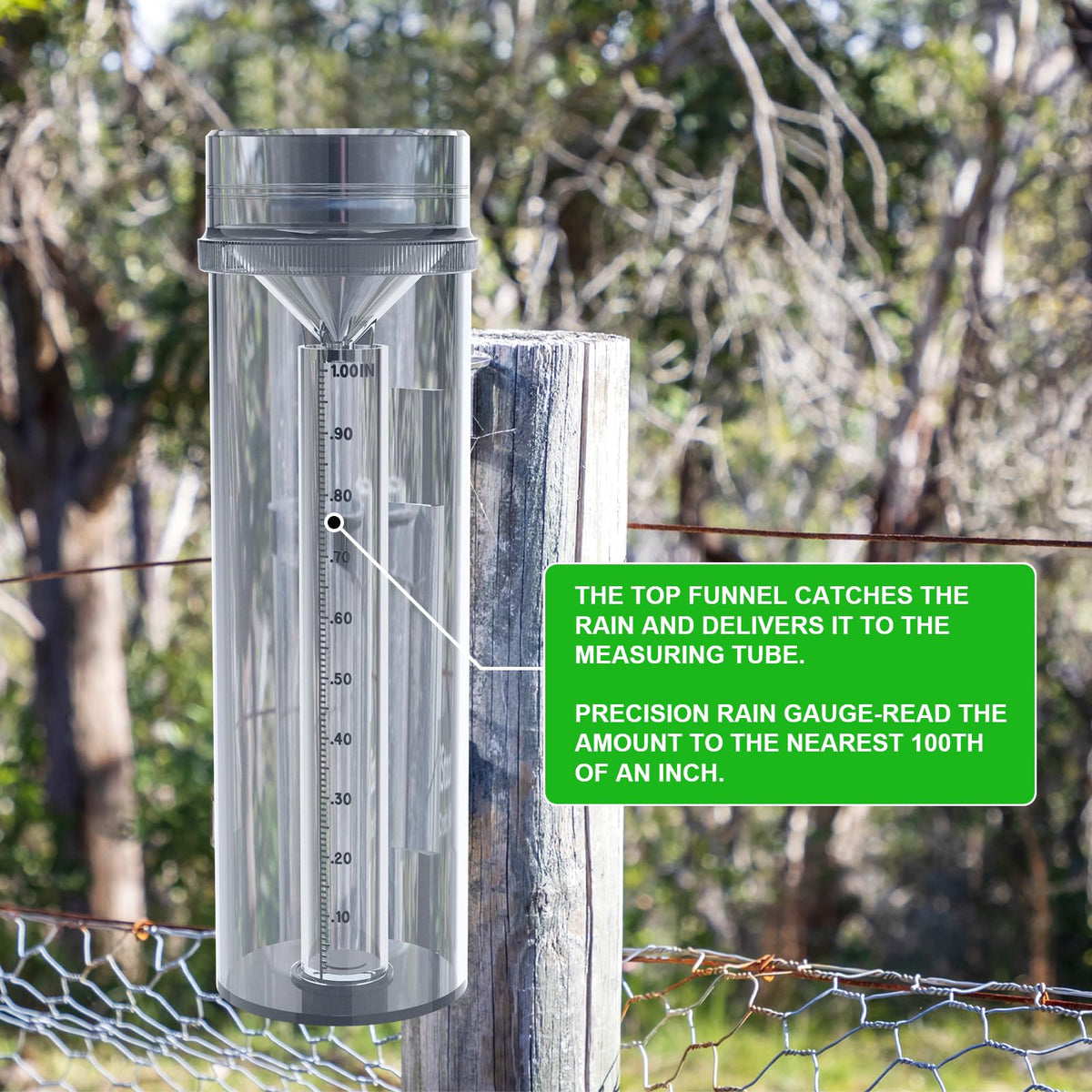 Holdly Precise Rain Gauge mounted on a post for quick outdoor checks.