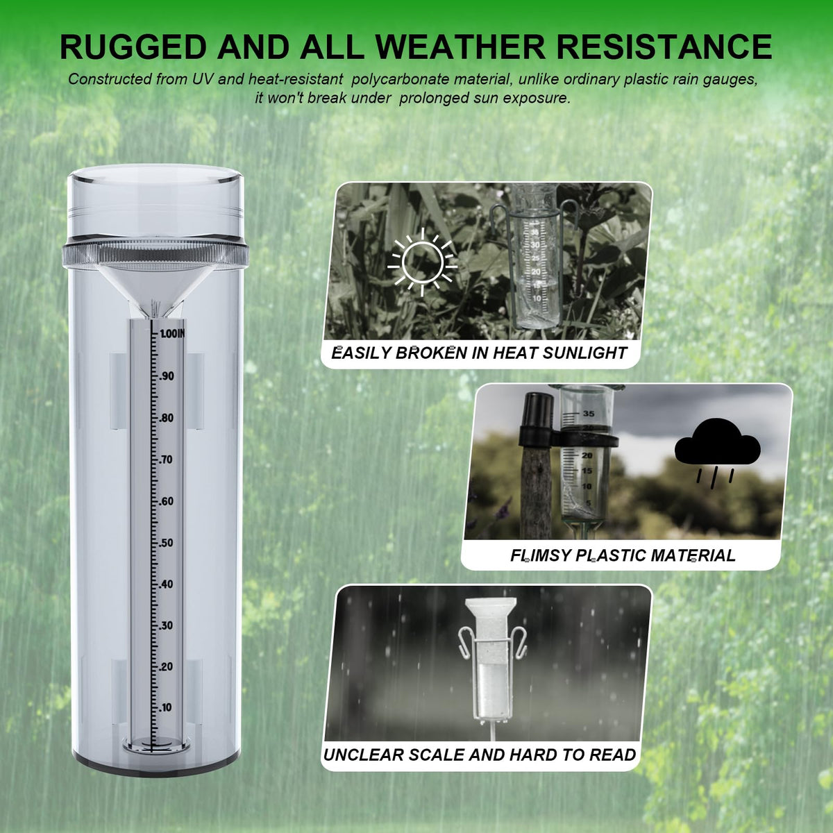 Holdly Precise Rain Gauge outer cylinder stores up to 11 inches of rainfall for quick measurement.
