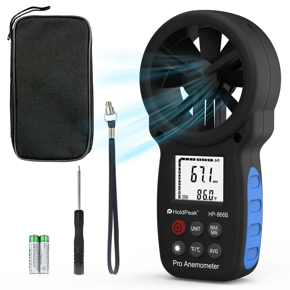 HoldPeak 866B front view with backlight for easy wind readings.