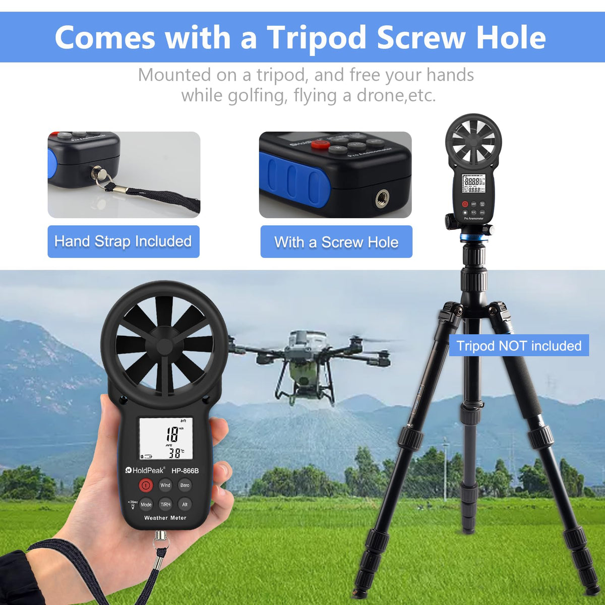 HoldPeak 866B side profile shows compact handheld design for outdoors use.