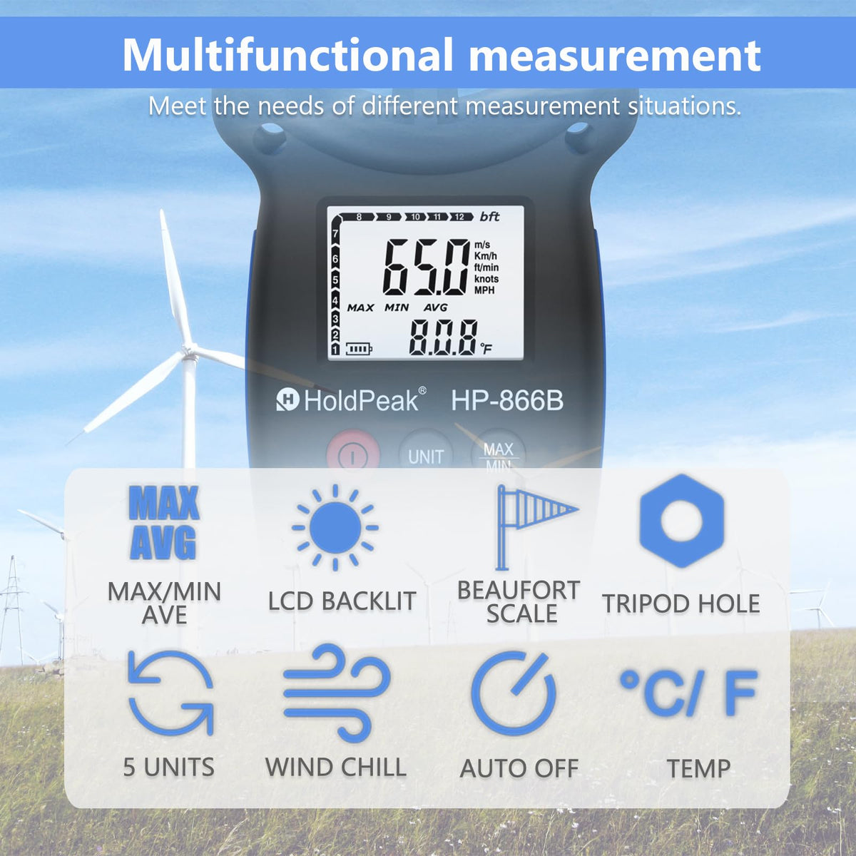 HoldPeak 866B wind unit switch for quick metric and imperial changes.