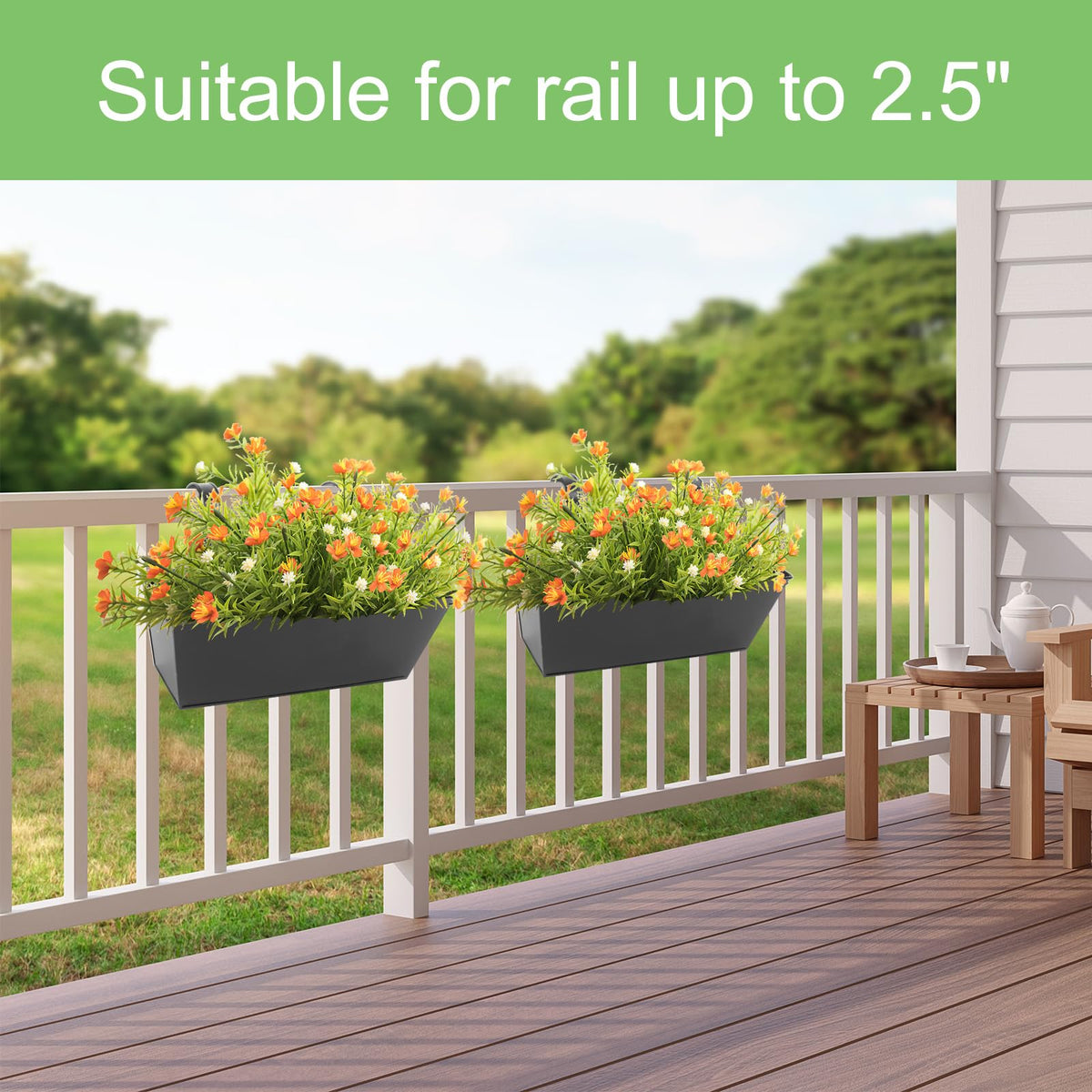 Black countryside-style finish on Holensun railing planters enhances exterior decor