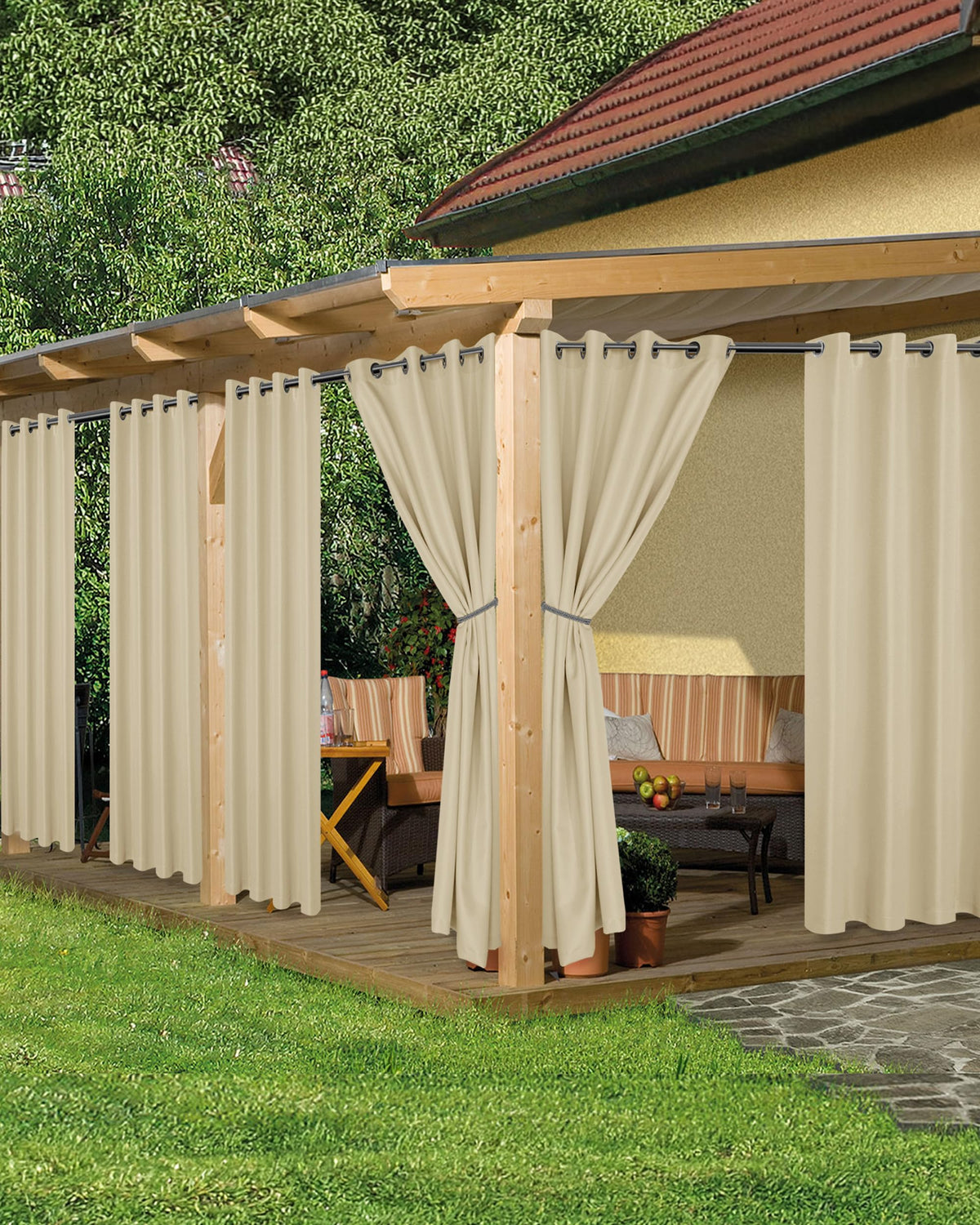 HolidayIdeas outdoor curtains cream fabric close-up highlights durable weather protection