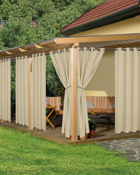HolidayIdeas outdoor curtains cream fabric close-up highlights durable weather protection