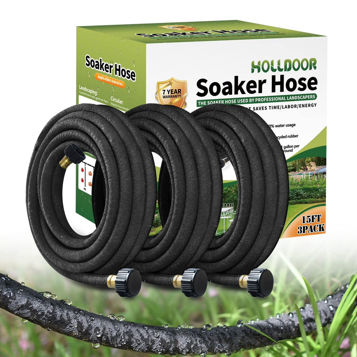 Holldoor 3-pack short soaker hose 15 ft enabling compact garden bed irrigation.