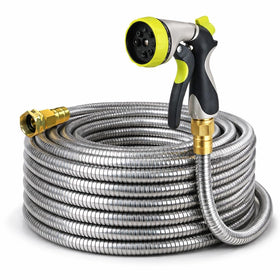 Holldoor metal garden hose 50ft outer shell highlighting rugged puncture resistance for outdoors.