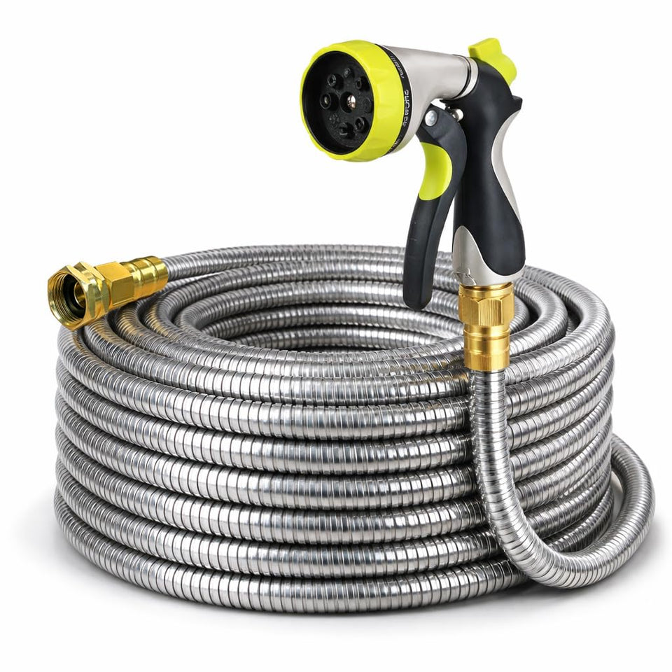Holldoor metal garden hose 50ft outer shell highlighting rugged puncture resistance for outdoors.